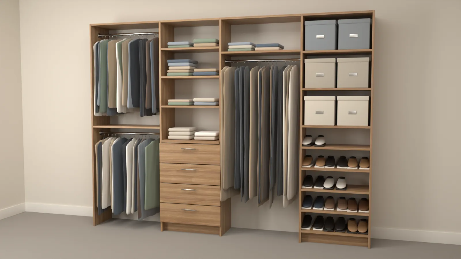 Rendering of a closet wall in Light Select Walnut: double hanging, a drawer tower with shelves above, long hanging and shoe shelves