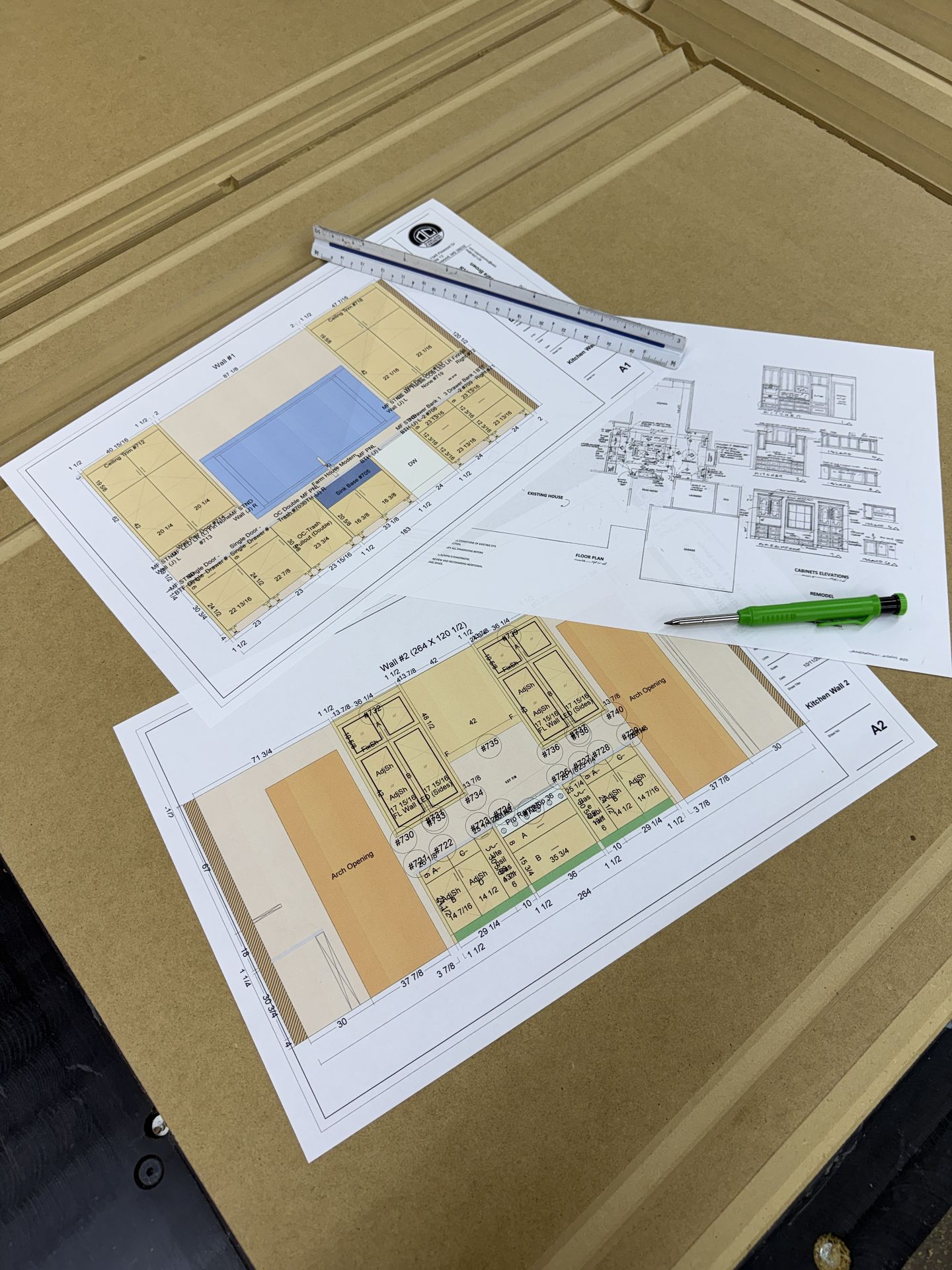 Overland shop drawings: kitchen wall elevations with dimensions, on raw sheet stock