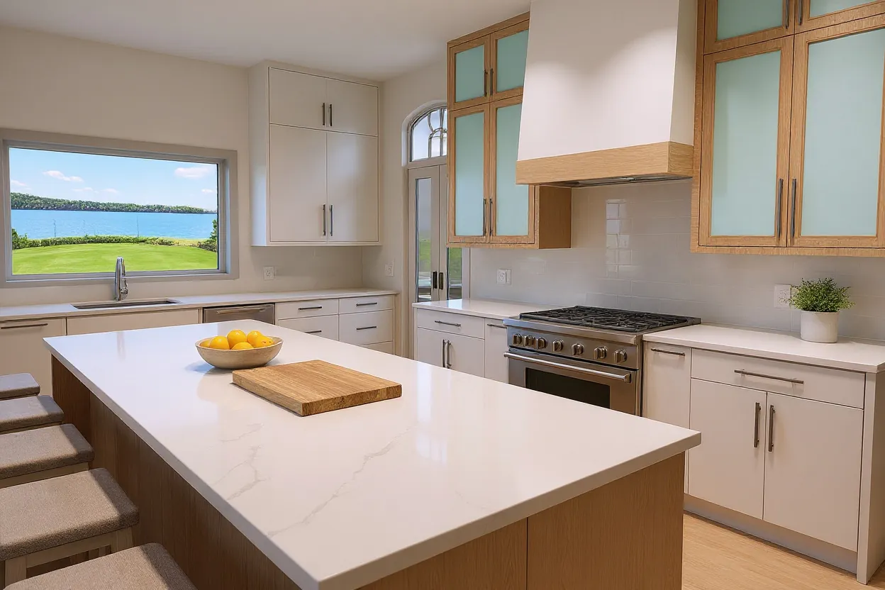 Lakeside kitchen in cream and rift oak, rendered
