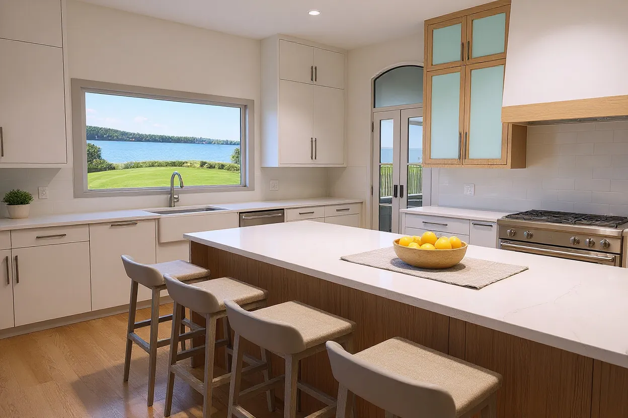 Quartz island with seating, rendered